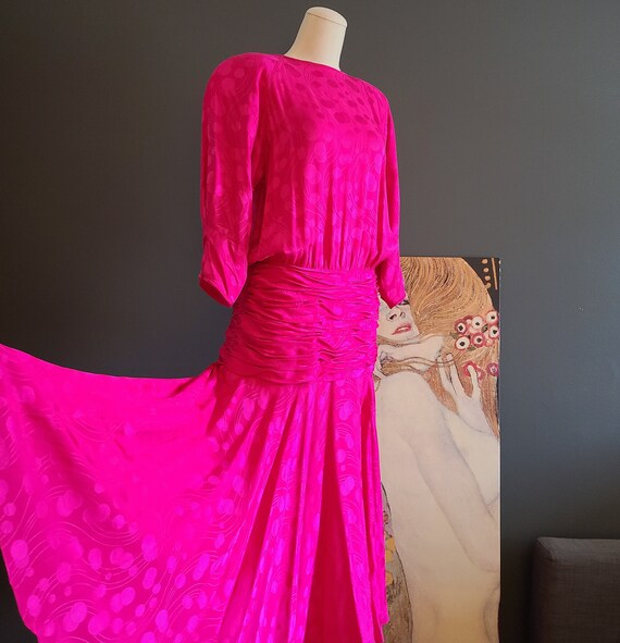 80's Royal Silk Asymmetrical Fuchsia Pink Silk Dre