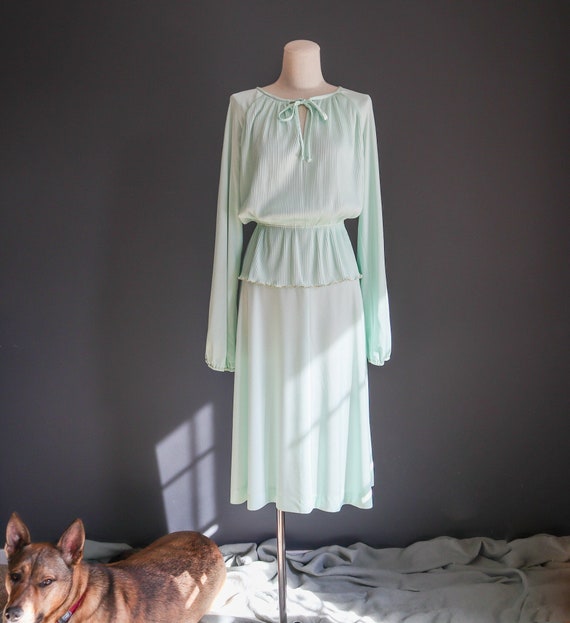 70s Sheer Seafoam Micro Pleat Secretary Dress - image 1