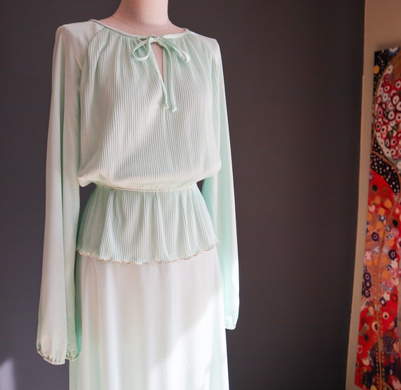 70s Sheer Seafoam Micro Pleat Secretary Dress - image 4