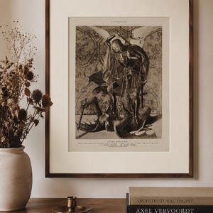Original 1930s Saint Michael Defeating the Demon Print, Josse Lieferinxe Renaissance Painting Art, Archangel Catholic Gothic Wall Decor