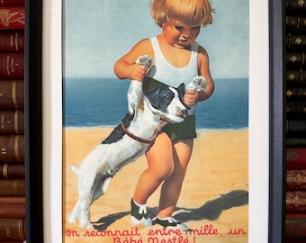 Affiche originale Nestlé de 1932, publicité vintage française pour bébé et chien, reproduction d'art d'André Wilquin, décoration murale rétro pour chambre d'enfant, style vintage.