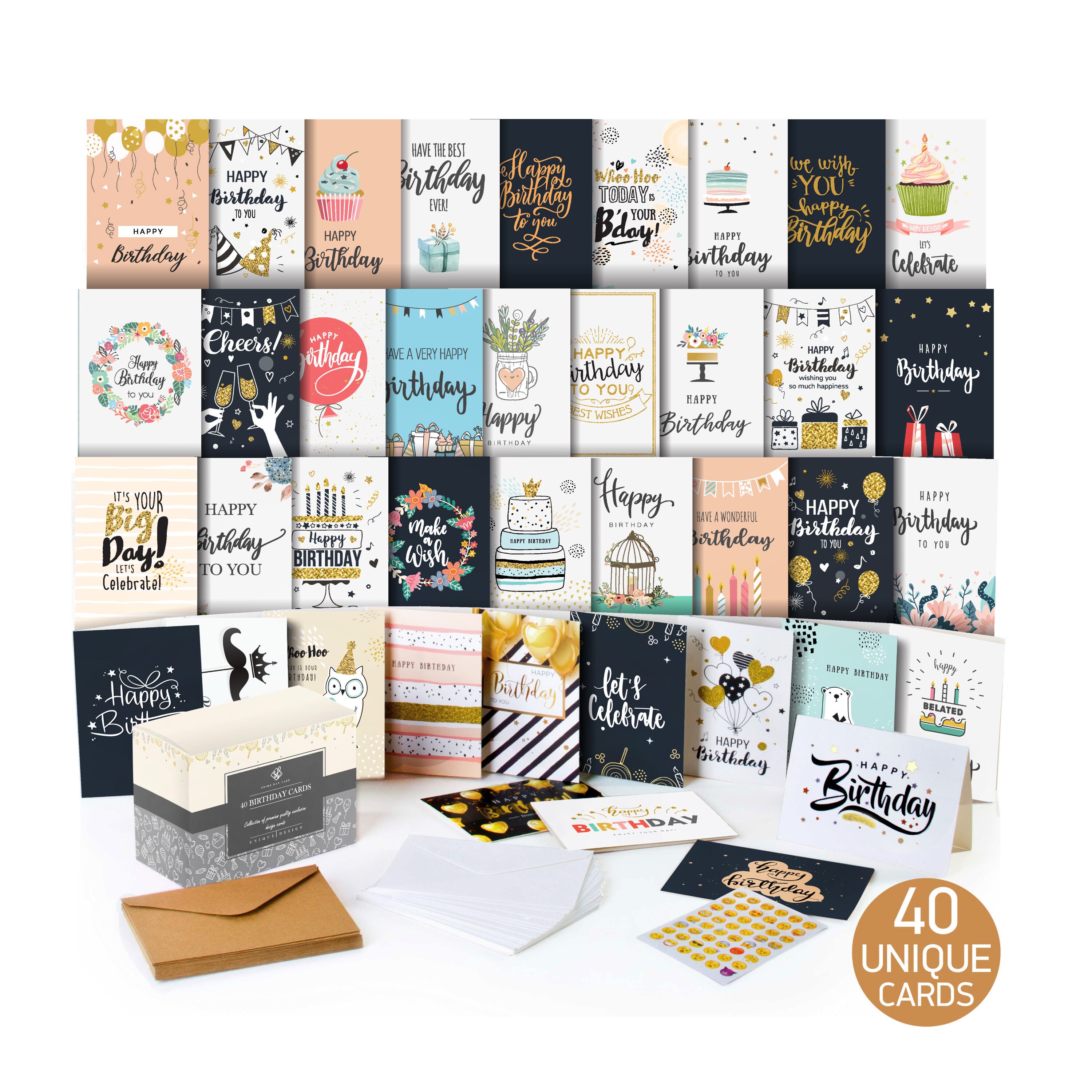 Happy Birthday Cards Assortment - Cards in Bulk -  40 Pack Unique Des…