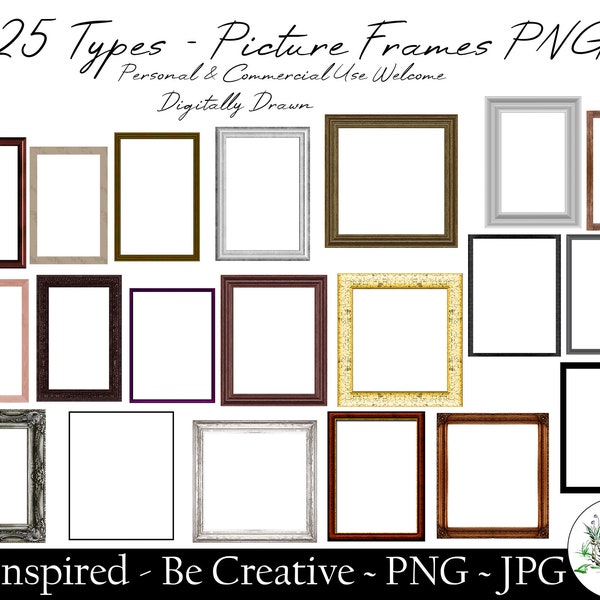 25 Frame Bundle PNG JPEG Picture Frame Borders Wooden Colourful Framing for Digital Art Raster JPG Clipart Digital Instant Download