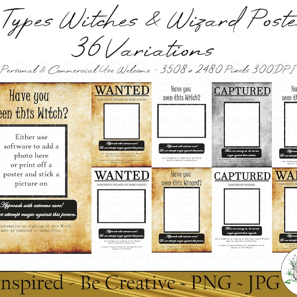 Magic Witches Wizards Wanted Posters Halloween, Captured Design most wanted Posters Birthday theme party designs printable digital download