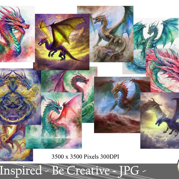 10 Fantasy-Drachen-Cliparts, magische mystische Kunst, mittelalterliche Cliparts, magische Cliparts, Scrapbook Crafts-Wandkunst, JPEG-Cliparts, digitaler Download