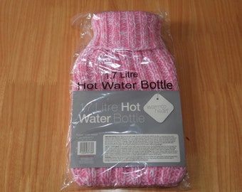 Hand Knitted Pink White Hot Water Bottle Cover includes brand new 1.7L hot water bottle.