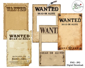 Western Wanted poster, Wild West cowboy afdrukbaar digitaal papier, oud papier textuur scrapbooking, instant download, A4