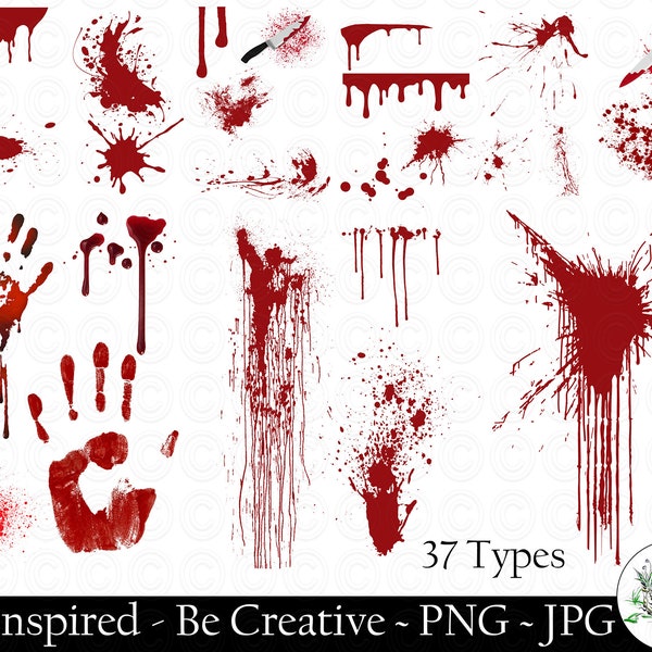 37 Halloween Asesinato Crimen Gotas de sangre Sangrienta Mano roja Impresión Goteando Horror Salpicadura borde PNG JPG Clipart Digital Descarga instantánea