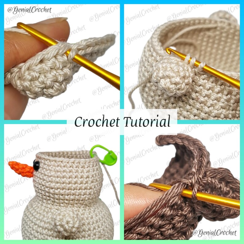 a collage of photos showing how to crochet a snowman amigurumi