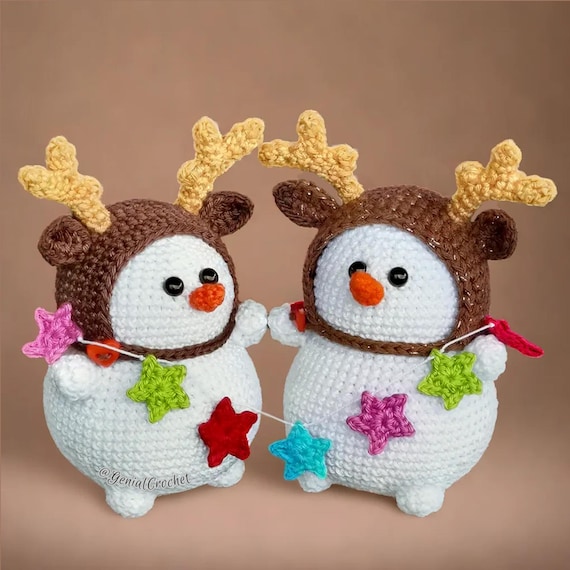Christmas Crochet Pattern | Snowman Amigurumi with Reindeer Hat | Tutorial in English and German