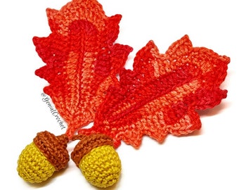 Patrón de crochet de hojas y bellotas de roble rojo del norte: hojas de otoño para Acción de Gracias: instrucciones escritas en inglés