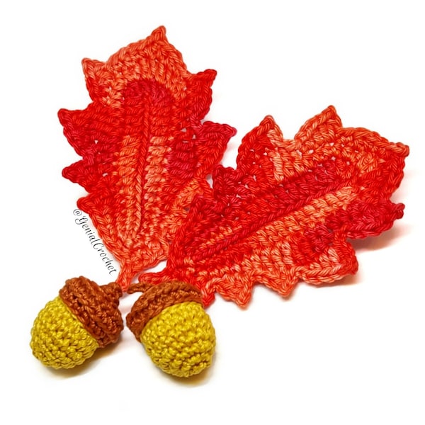 Crochet Pattern Realistic Red Oak Leaf &Acorn Thanksgiving Autumn leaves - Detailed Written Pattern and Photo Tutorial - PDF for download