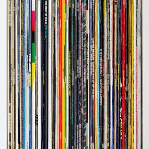 Op de afbeelding: Een verzameling vinylplaten, met een verscheidenheid aan albumhoezen met levendige kleuren en tekst. De platen zijn netjes gerangschikt in een witte plank, die een blik biedt op muziekgenres en artiesten.