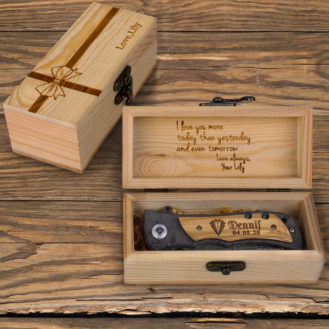 Engraved Pocket Knife with Gift Box Personalized Inside and Outside of Box and On the Knife