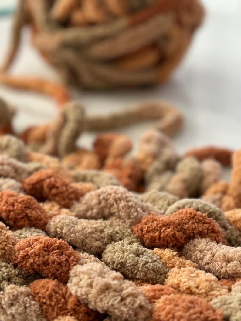 K&ouml;nnte beinhalten: Nahaufnahme einer dicken Strickdecke in Braun-, Beige- und Gr&uuml;nt&ouml;nen. Die Decke ist aus dickem Garn gefertigt und hat eine weiche, flauschige Textur.