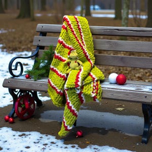 May include: A lime green and red striped knitted blanket draped over a wooden park bench. A small plush frog toy sits on the blanket. Decorative red and white ornaments and a small evergreen branch are also on the bench.