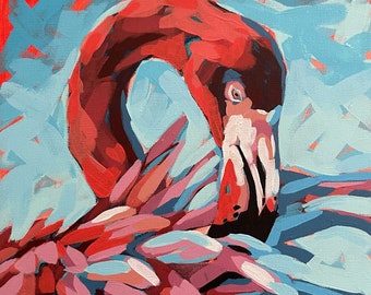 フラミンゴ キャンバスに描いたアクリル画 12" x 12"