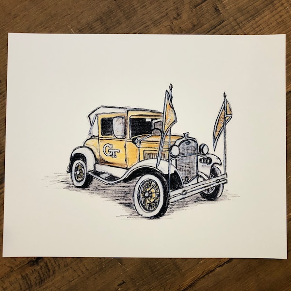 Georgia Tech Ramblin' Wreck Original Charcoal and Pastel Drawing Print
