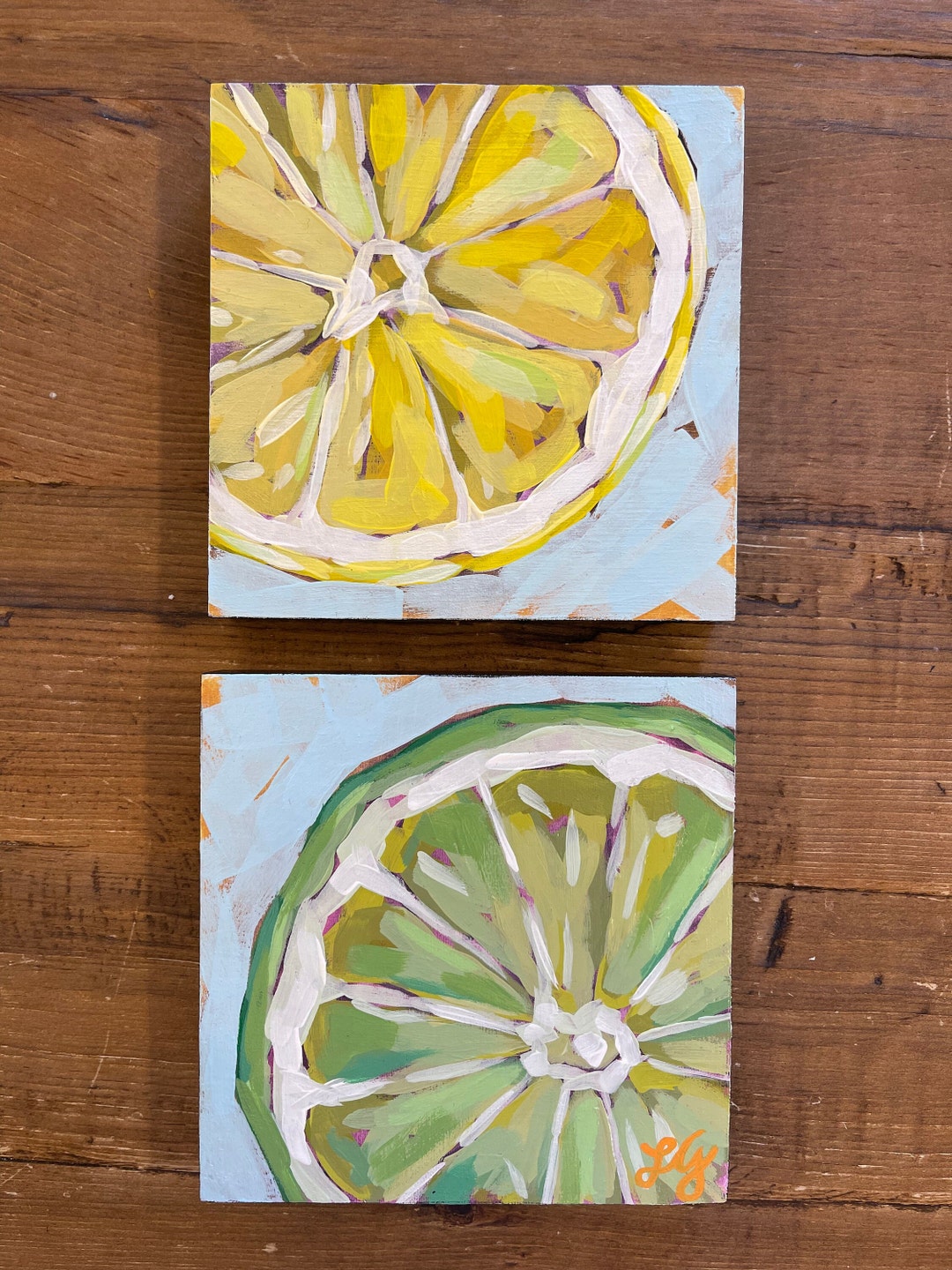 Lemon and Lime Slice Set of 2 Acrylic Paintings on Wood Panels 6