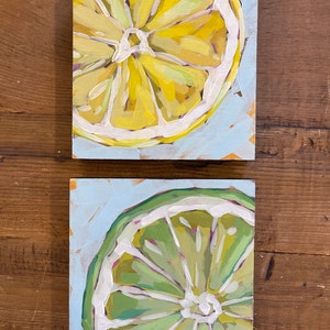 Lemon and Lime Slice Set of 2 Acrylic Paintings on Wood Panels 6&quot; x 6&quot;