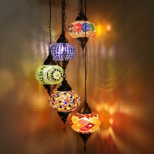 Set of 5 Turkish mosaic Chandelier lamp- Moroccan Mosaic Ceiling  -Colored Lamp -Please share your phone number for shipping information-