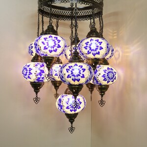 Amazıng Mosaic Chandelier Blue Colors Turkish Lamp Unique Lanterns 11 Big Globe Ceiling Pendant Moroccan Decor Light Christmas Gift