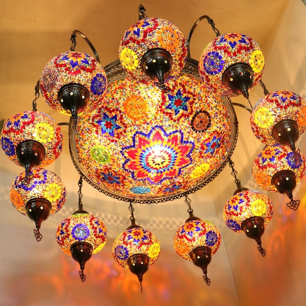 AMAZING Mosaic Chandelier Colored Turkish Lamp Unique Lanterns 11+1 Globe Ceiling Pendant Moroccan Decor Light Christmas Gift Free Shipping