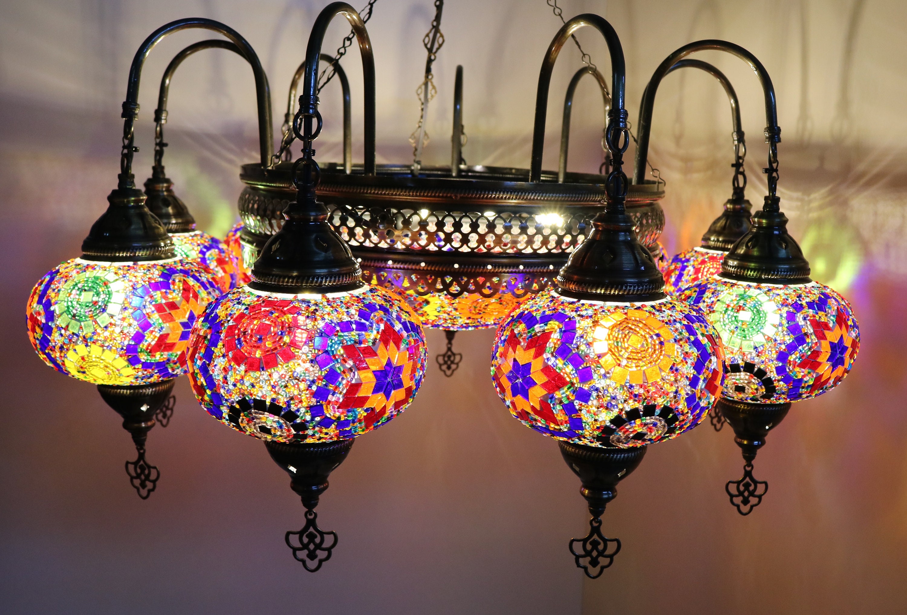 Set of 9+1 - Turkish Mosaic Chandelier Lamp - Turkish Lamp