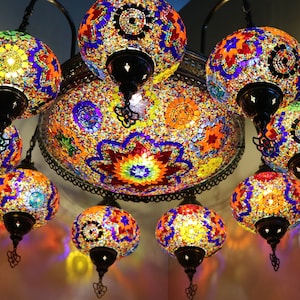 Set of 9+1 - Turkish Mosaic Chandelier Lamp - Turkish Lamp -Colored Lamp -Free Shipping - Best Decoration Lamp -Cargo with wooden crateLamps