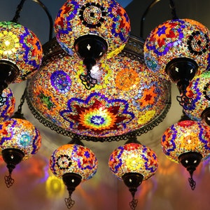 Set of 9+1 - Turkish Mosaic Chandelier Lamp - Turkish Lamp -Colored Lamp -Free Shipping - Best Decoration Lamp -Cargo with wooden crateLamps