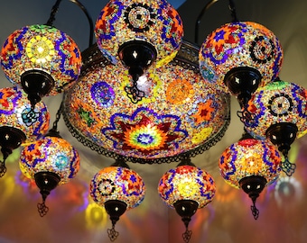 Set of 9+1 - Turkish Mosaic Chandelier Lamp - Turkish Lamp -Colored Lamp -Free Shipping - Best Decoration Lamp -Cargo with wooden crateLamps