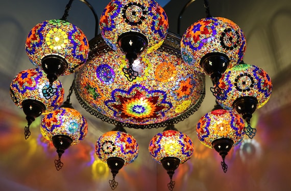 Set of 9+1 - Turkish Mosaic Chandelier Lamp - Turkish Lamp
