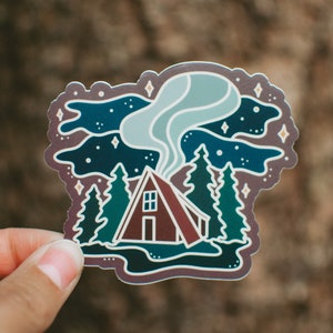 Cabin in the Woods Sticker | Wanderlust Travel Vinyl Decal | Night Sky A-Frame Sticker