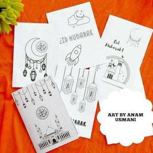 Cartões para colorir Eid para crianças | Pacote de 5| Eid|Cartão Eid Digital| Download instantâneo|Impressão digital |Cartão infantil||Cartão comemorativo