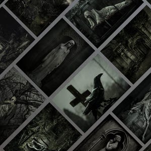 May include: A collection of black and white photographs depicting various statues and monuments in a cemetery. The images feature a variety of styles, including angels, crosses, and other religious symbols. The photos are taken from different angles and perspectives, creating a sense of mystery and intrigue.