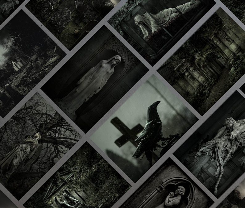 May include: A collection of black and white photographs depicting various statues and monuments in a cemetery. The images feature a variety of styles, including angels, crosses, and other religious symbols. The photos are taken from different angles and perspectives, creating a sense of mystery and intrigue.