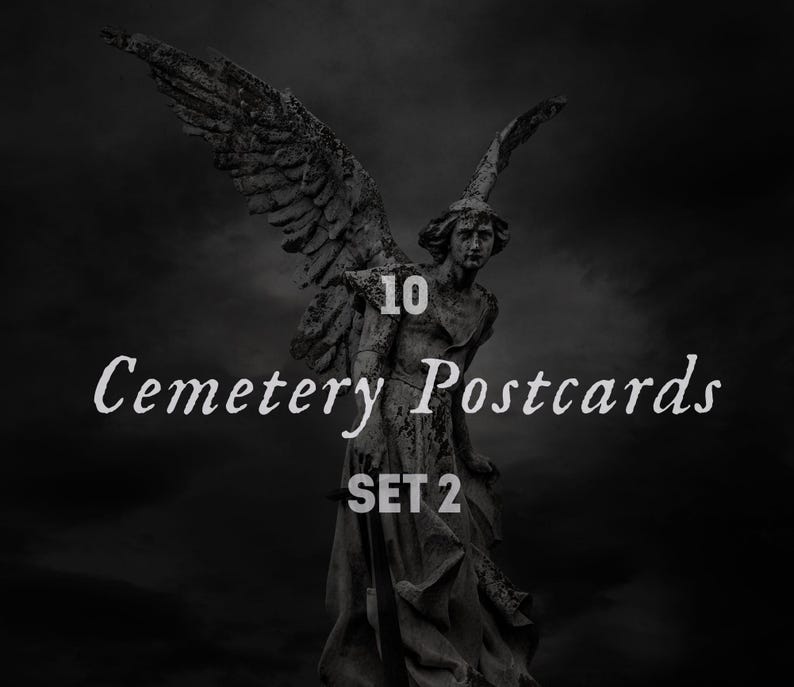 May include: A black and white image of a stone angel statue with wings. The statue is set against a dark, cloudy sky. The text "10 Cemetery Postcards SET 2" is printed below the statue.
