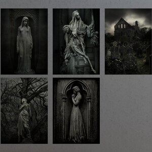 May include: A set of six black and white photographs depicting various gothic and cemetery scenes. The images feature statues, a church, and tombstones.