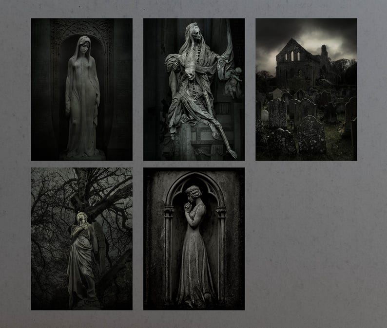 May include: A set of six black and white photographs depicting various gothic and cemetery scenes. The images feature statues, a church, and tombstones.