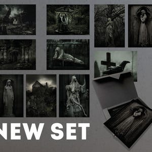 May include: A set of 10 black and white gothic-themed photographs featuring various images of statues, architecture, and a crow. The photographs are printed on high-quality paper and are perfect for framing.