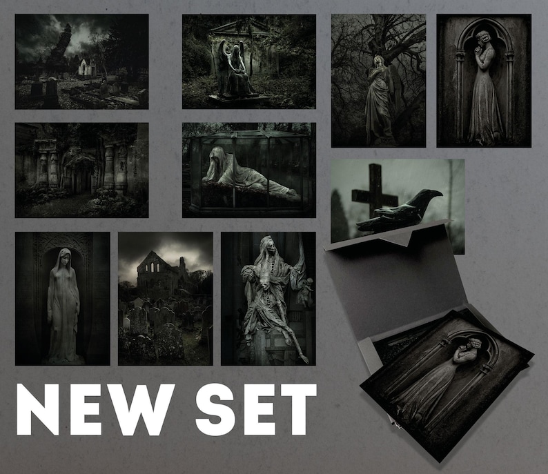 May include: A set of 10 black and white gothic-themed photographs featuring various images of statues, architecture, and a crow. The photographs are printed on high-quality paper and are perfect for framing.