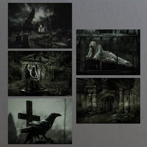 May include: A collection of five moody, atmospheric images depicting a graveyard. The images feature a crumbling church, a statue of an angel, a figure draped in white lying in a glass case, a stone archway, and a black raven perched on a cross.