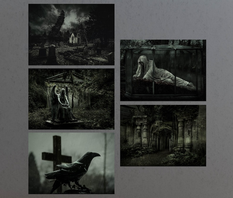 May include: A collection of five moody, atmospheric images depicting a graveyard. The images feature a crumbling church, a statue of an angel, a figure draped in white lying in a glass case, a stone archway, and a black raven perched on a cross.