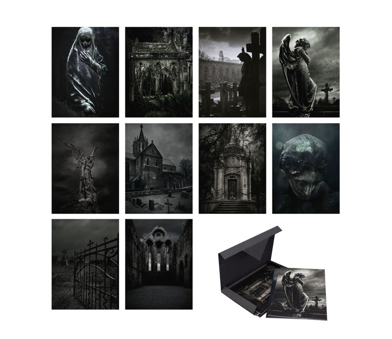 May include: A set of ten black and white gothic themed photographs featuring angels, churches, and cemeteries. The photographs are printed on high-quality paper and come in a black box.