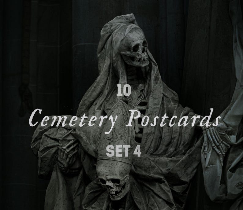 May include: A black and white photo of a skeletal figure wearing a hooded robe. The figure is holding a skull in its hand. The text "Cemetery Postcards Set 4" is printed on the image.