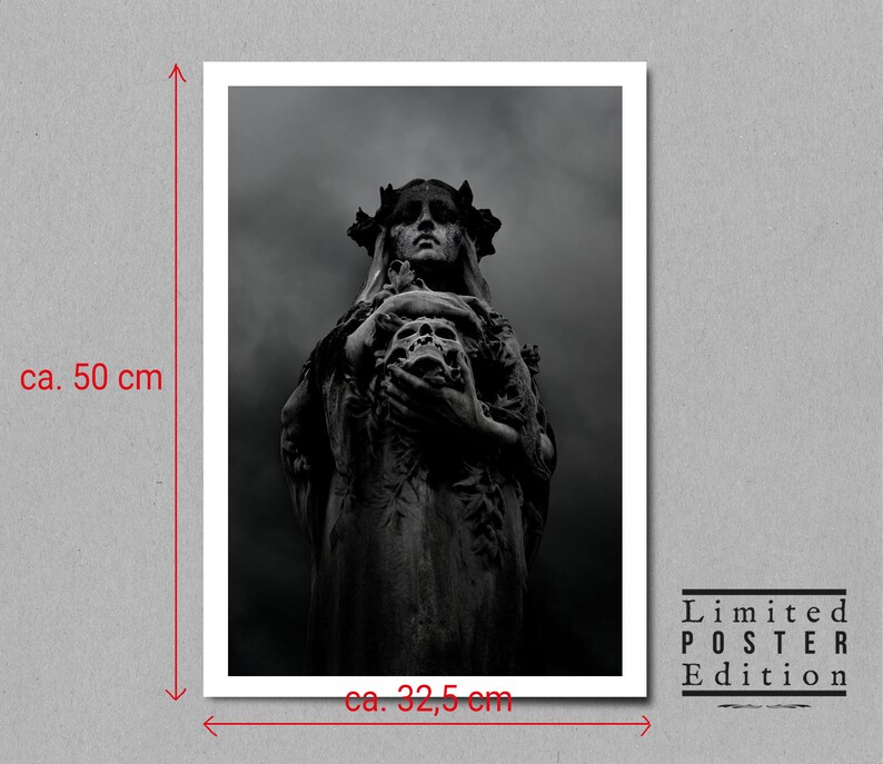 May include: Black and white photo of a stone statue of a woman holding a skull. The statue is in a cemetery and the sky is cloudy. The image is a limited edition poster.