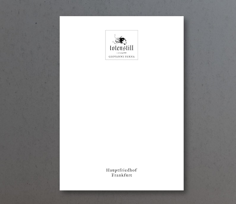 May include: A white card with black text and a logo. The logo is a black and white illustration of a woman's head with a flower in her hair. The text reads "totenstill" and "GIOVANNI PERNA". Below the logo, the text reads "Hauptfriedhof Frankfurt".