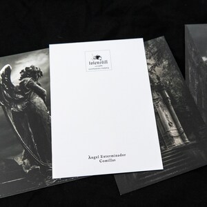 May include: A black and white postcard with a photo of an angel statue in a cemetery. The text on the postcard reads "Angel Exterminador Comillas" and "totenStill Giovanni Verna".
