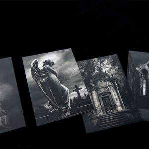 May include: Four black and white photographs of a cemetery. The first image shows a stone angel statue with wings. The second image shows a stone mausoleum with a door and steps. The third image shows a stone cross with a figure on it. The fourth image shows a stone archway with a window.