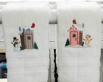 Embroidered Bathroom Hand Towel Set Featuring Snowman and Snowwoman Outhouse